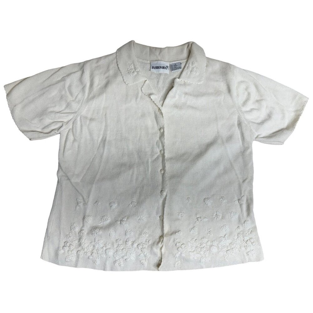 Vintage Fashion Bug White Embroidered Button-Up Womens Top Large